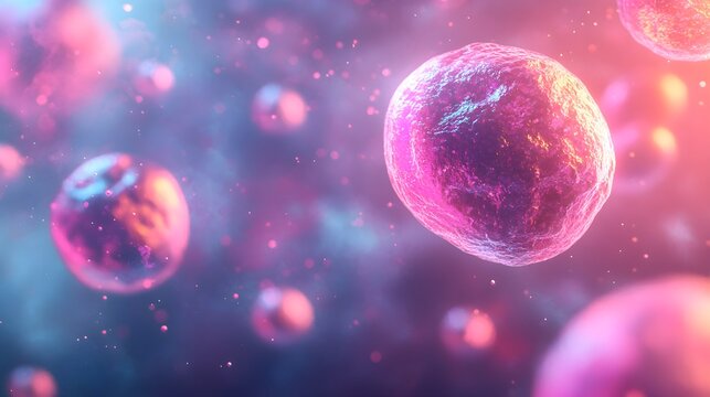 Stem cell in abstract form under the microscope, surrounded by glowing lights in pink and blue hues, soft wisps of smoke, futuristic laboratory setting, neon digital art