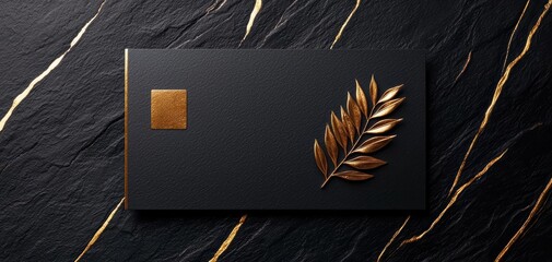 Elegant black card with golden leaf design, isolated on a textured background.