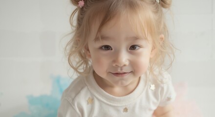 Fototapeta premium MinJi - Serene Child in White Top with Soft Smile