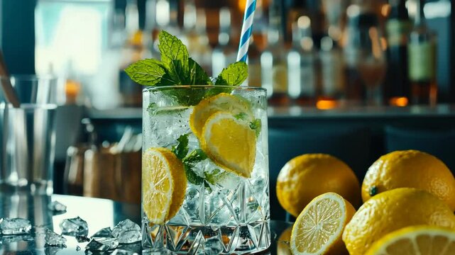 A refreshing lemon and mint drink sits on a bar counter with a row of bottles in the background