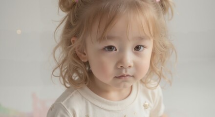 Naklejka premium MinJi - Serious Child in White Top with Subtle Smile