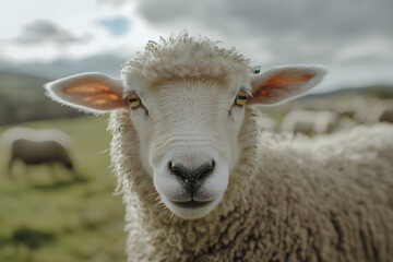 close up of sheeps woolly face, showcasing its soft texture and expressive eyes. serene countryside background adds to peaceful atmosphere of this charming animal