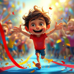 A vibrant, 3D-style illustration of a runner crossing the finish line with a huge smile on their face, arms raised high in triumph