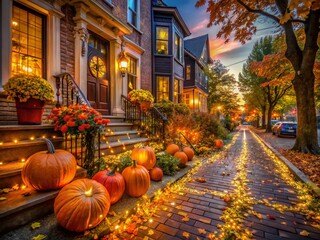 Festively Decorated Street Corner with Glowing Pumpkins for Halloween at Dusk