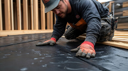 Worker applying material on a construction site.