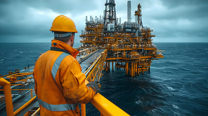Worker observing an offshore oil rig in turbulent waters.