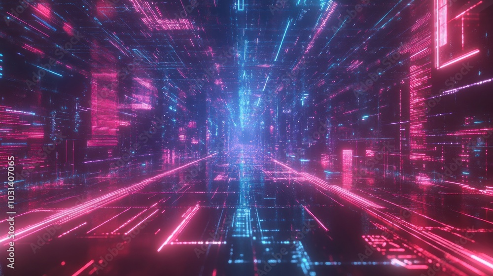Poster abstract holographic digital technology background with glowing lines and data, cyber security