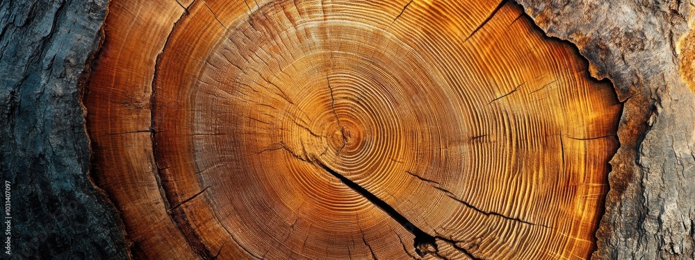 Poster intricate tree rings, a close-up view of a tree trunk's cross-section showcasing detailed growth pat