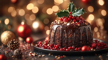 Festive chocolate cake adorned with holly and berries