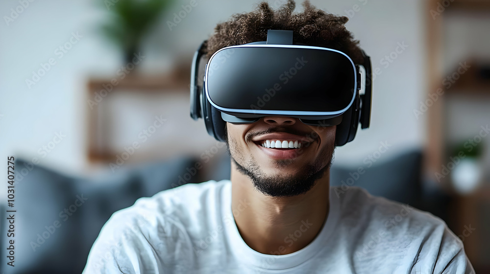 Poster A smiling person wearing a VR headset, immersed in virtual reality.