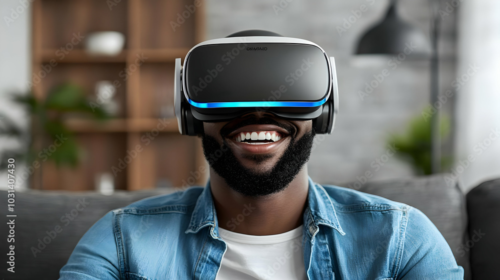 Poster man enjoying virtual reality experience with a smile.