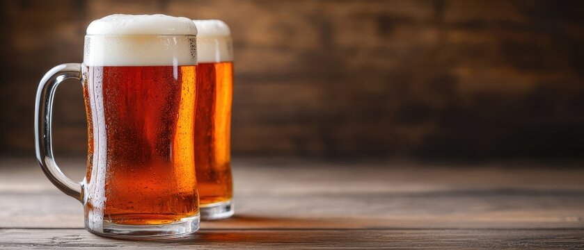 Close up of Two Frothy Beer Steins on Rustic Wooden Table