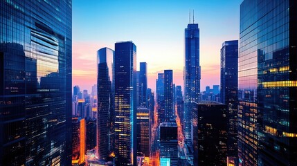 Cityscape Night Skyline with Modern Architecture and Colorful Lights