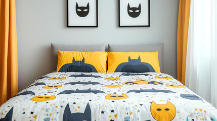 Colorful kids' bedroom decor with superhero theme.