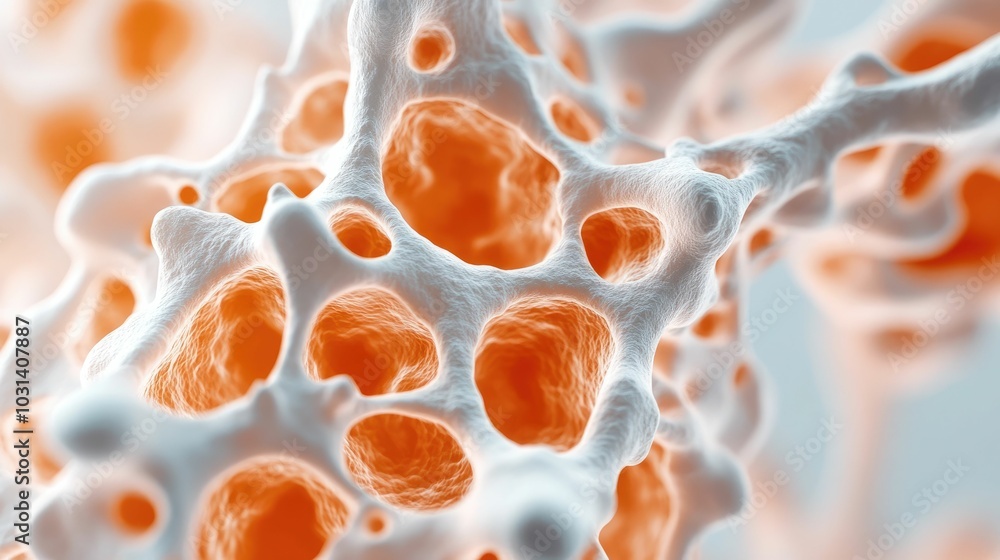 Poster captivating close up view of glowing luminescent bone cells being nourished by streams of calcium vi