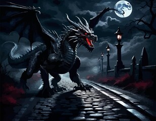 dark fantasy illustration of a superstition sacred black dragon crossing a dark road under a full moon