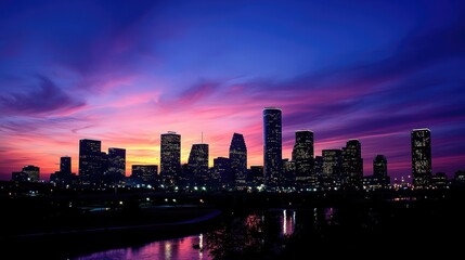 City Skyline Illuminated with a Purple Sunset Sky