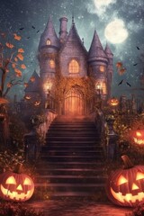 Dark Halloween house with sinister pumpkins, eerie night scene with glowing horror elements.