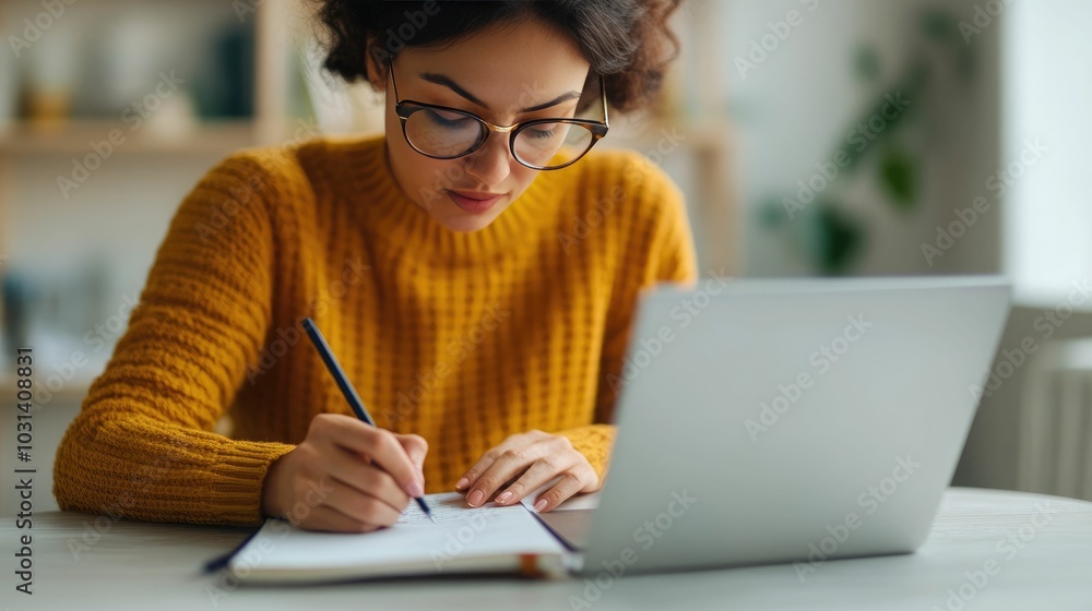Poster young korean woman attentively watching a laptop screen and taking notes in a notebook while studyin