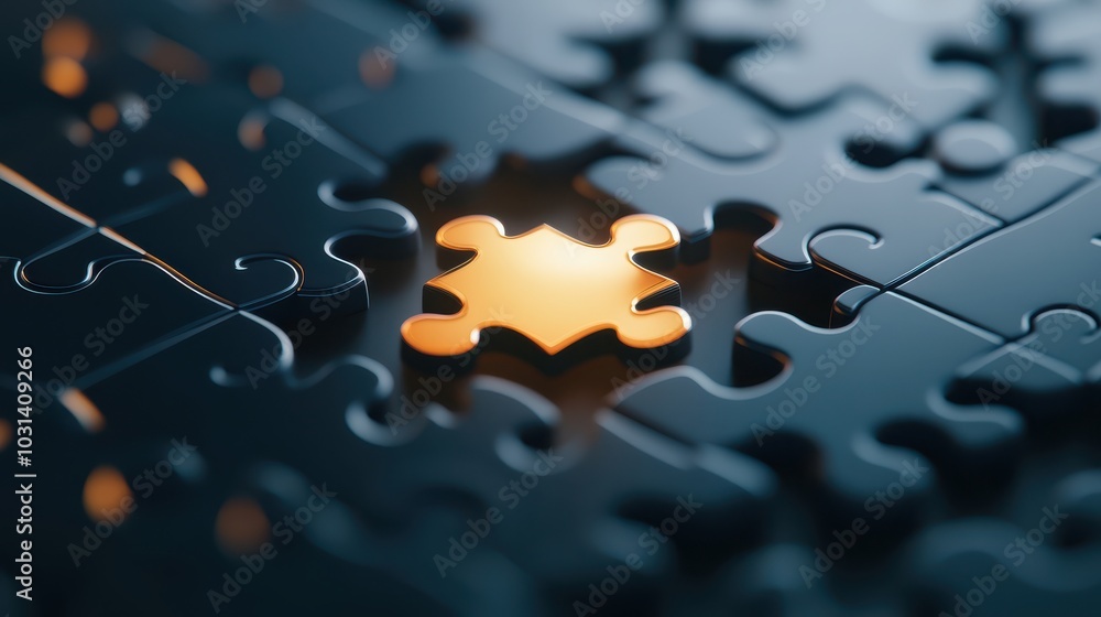 Poster Illuminated puzzle piece on dark background symbolizing problem-solving and creativity