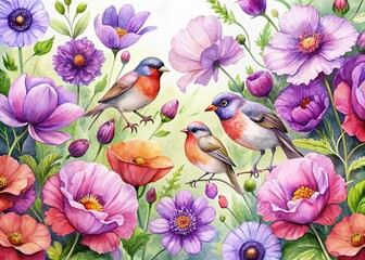 Fototapeta premium Floral Background with Purple Poppies and Birds - Watercolor Illustration for Postcards and Invitations