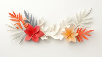 Obraz premium Colorful paper flowers and leaves arranged elegantly on a white background.