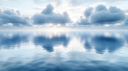 Obraz premium Serene ocean view with calm waters and reflective clouds.