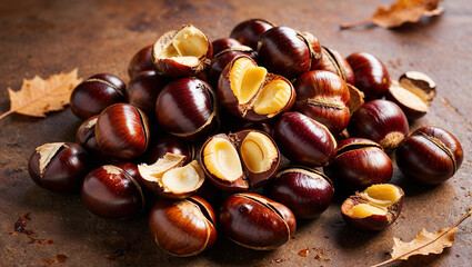 Roasted Chestnuts &ndash; A pile of roasted chestnuts, cracked open to reveal their golden interior.
