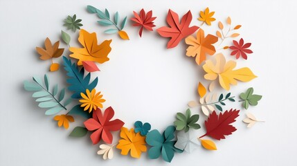 Obraz premium Colorful paper leaves and flowers arranged in a decorative wreath.