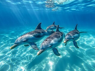 Obraz premium A pod of dolphins swimming in sync through clear blue water, their movements graceful