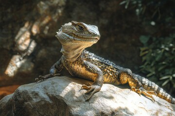 Fototapeta premium A rare, exotic reptile basking on a sunlit rock, its scales glistening