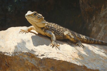Fototapeta premium A rare, exotic reptile basking on a sunlit rock, its scales glistening