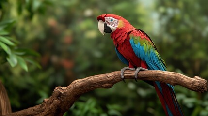 Obraz premium Colorful parrot perched on a branch with lush greenery in the background.