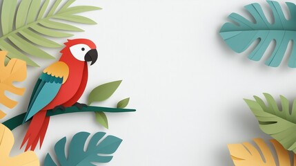 Fototapeta premium Colorful parrot sitting on a branch surrounded by tropical leaves, white background.