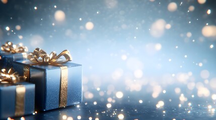 Close-up of blue presents with golden bows, soft blue background with stars, elegant holiday scene, rich textures, digital painting, soft glowing light, festive theme