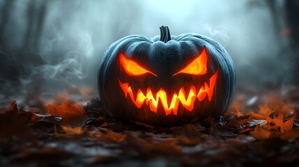 Spooky glowing pumpkin with jagged teeth, nestled in autumn leaves, casting a flickering orange light, fog creeping in the background, haunted atmosphere, fantasy style, deep hues