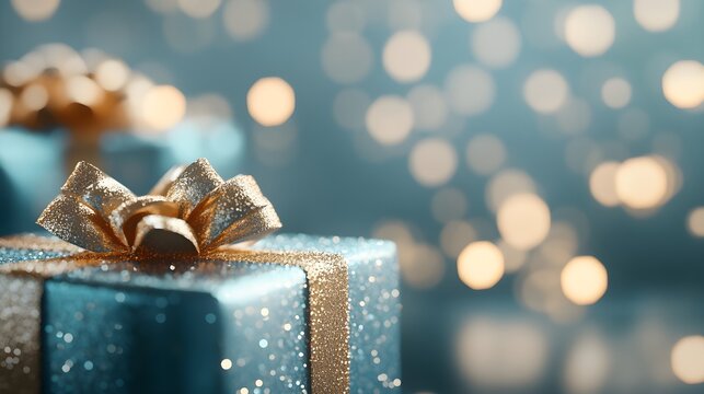 Close-up of blue presents with golden bows, soft blue background with stars, elegant holiday scene, rich textures, digital painting, soft glowing light, festive theme