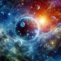 Obraz premium Dynamic fractal waves of light swirl through a cosmic space, blending fantasy and technology in a vibrant visualization that captures energy and movement