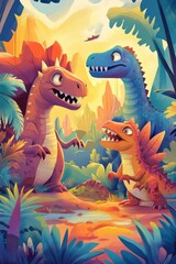 Obraz premium Cute and Colorful Dinosaurs in Lush Forest, for kids design needs or advertising posters