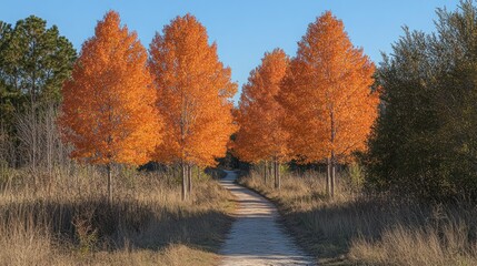 Fototapeta premium Vibrant autumn scene with orange trees lining a dirt path.
