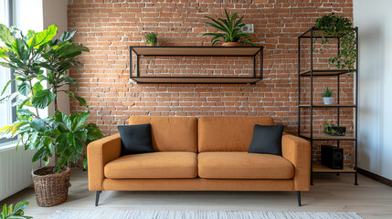 Naklejka premium Cozy living room with plant and brick wall