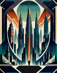 An elegant skyscraper in a futuristic city in the style of art deco