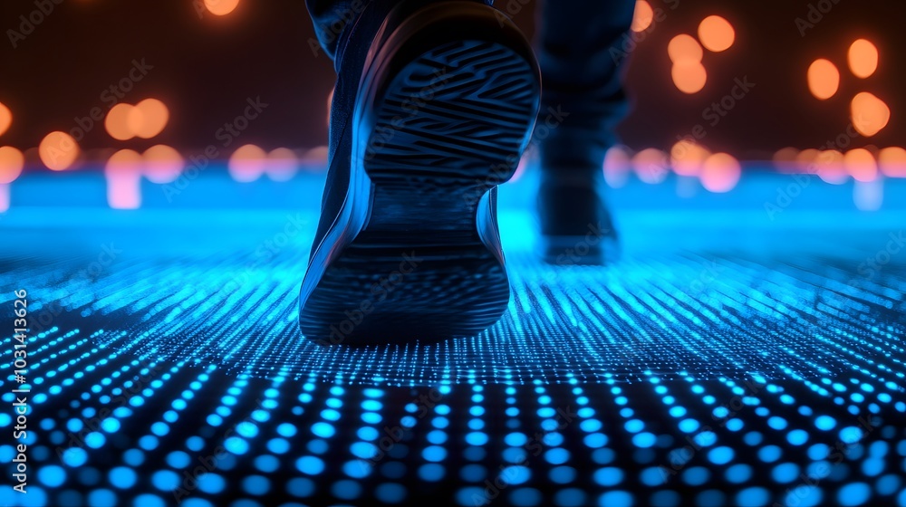 Poster a close-up view of a foot stepping on a glowing blue surface, surrounded by blurred lights, creating