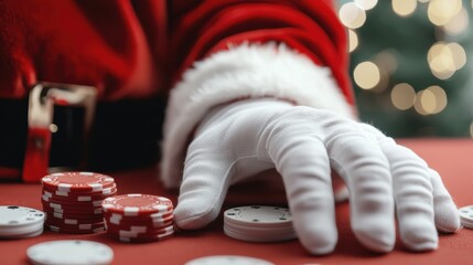 A festive hand in a Santa outfit playing poker with red and white chips on a table, set against a blurred, cheerful holiday background.