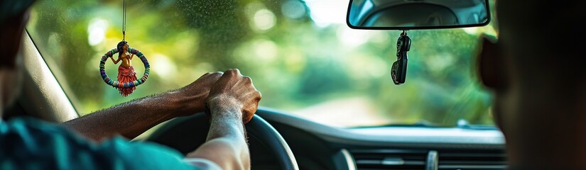 A man is driving in the foreground