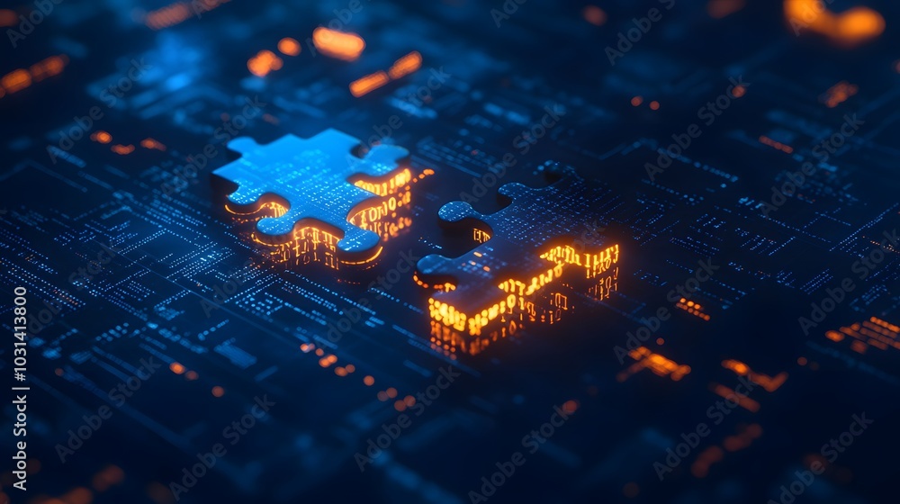Poster a close-up view of glowing puzzle pieces on a digital circuit board, symbolizing connection and tech