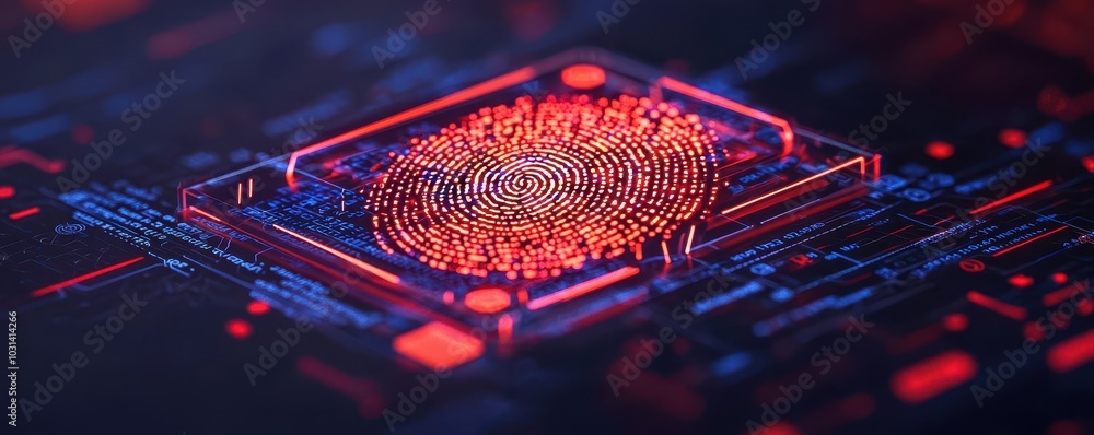Poster futuristic digital fingerprint being scanned with security shields and encrypted codes, privacy, sec