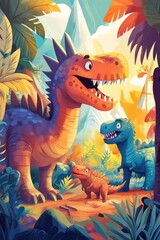 colorful illustration of dinosaurs in the forest