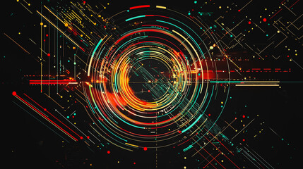 Obraz premium Abstract black background with Colorful circle lines. Digital future technology . Abstract business connection of lines from nodes innovation of communication in the network
