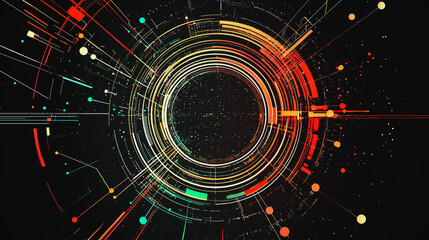 Obraz premium Abstract black background with Colorful circle lines. Digital future technology . Abstract business connection of lines from nodes innovation of communication in the network